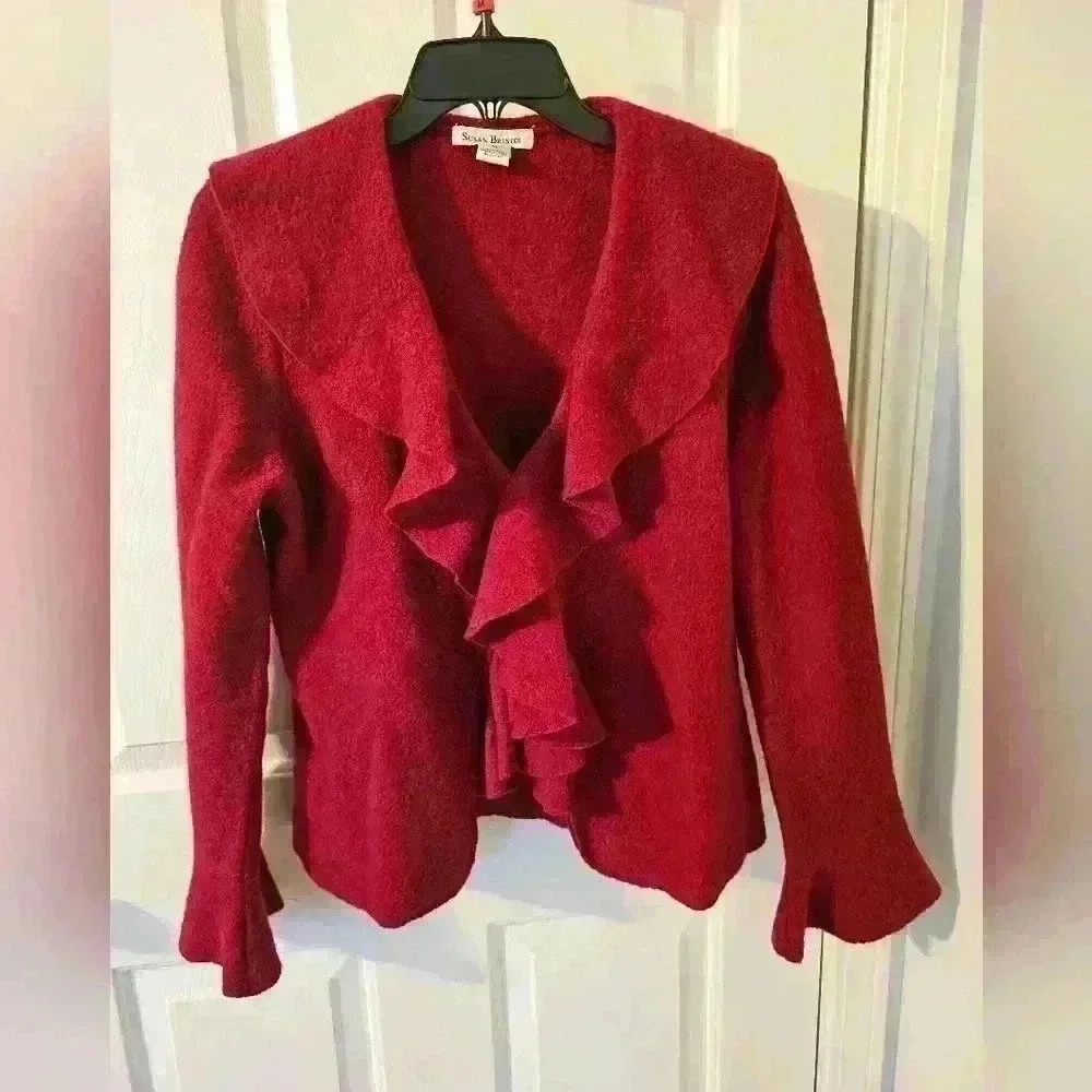 Susan Bristol 100% wool sweater cardigan ruffle size M